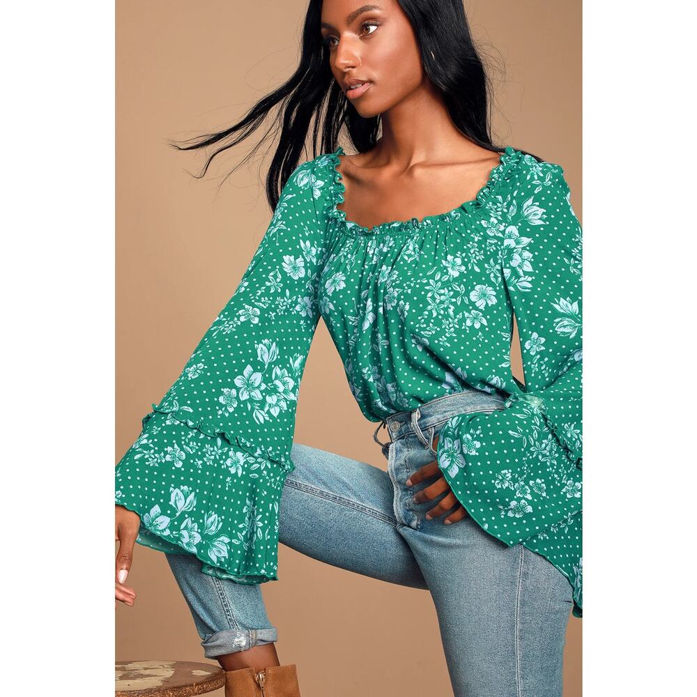 Free People Green One on One Date Long Sleeve Ruffle Scoop Neck Bodysuit Top S
